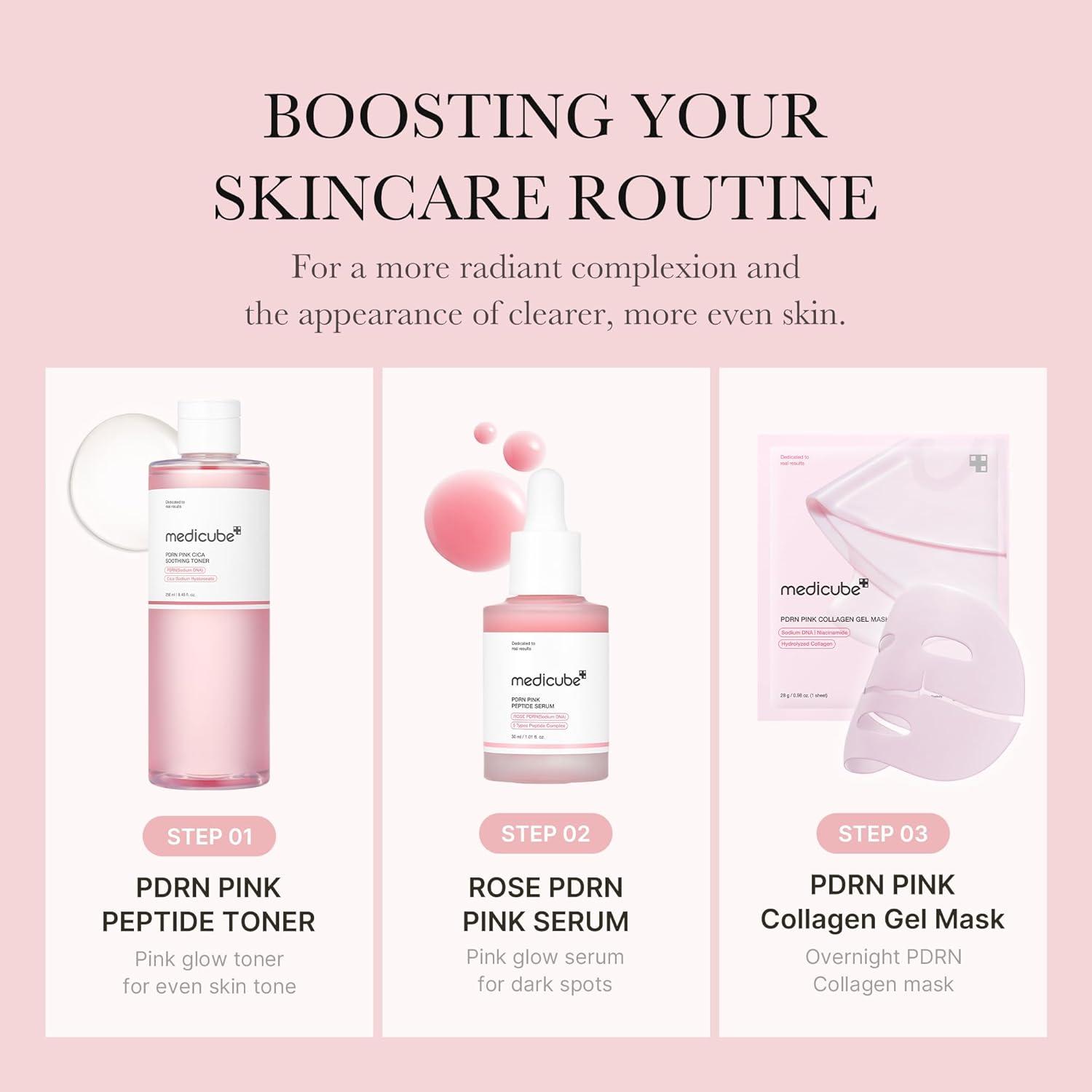 medicube PDRN Pink Trio Set: Salmon DNA PDRN Pink Peptide Serum and CICA Soothing Toner and PDRN collagen jelly gel mask (4ea)